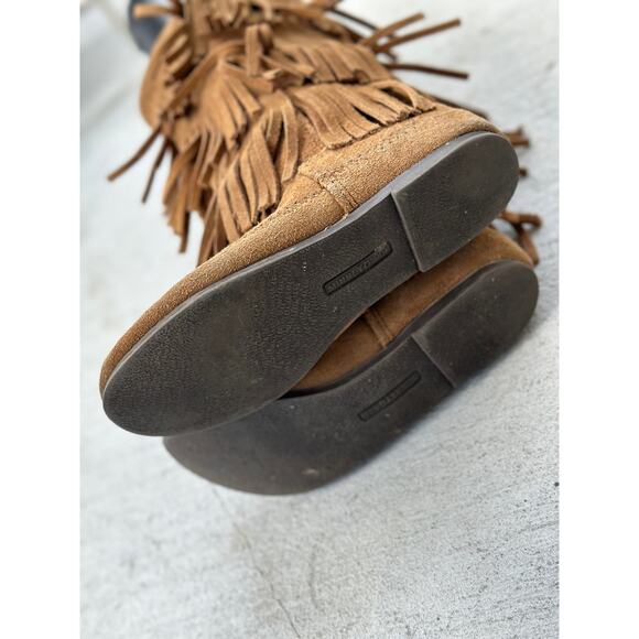 Minnetonka Moccasins 3 Layer Fringe Boot Brown Suede 1632 Calf High Boots Size 8 - Picture 6 of 8
